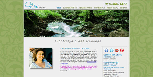 Flow by Chava website for electrolysis permanent hair removal and massage with mountain stream and cool green background by nickswebworks
