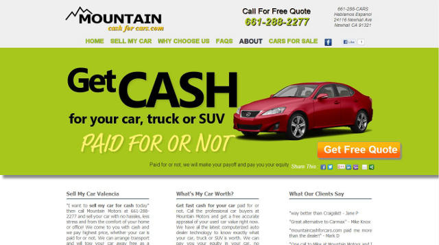 screen shot of client Mountain Cash For Cars home page Valencia Newhall Santa Clarita