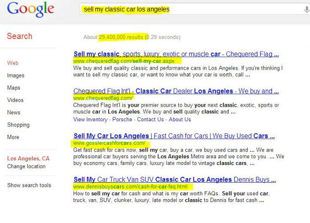NicksWebDesignLA clients cover most the entire front page of local organic SERP including copycat Venicecashforcars.com