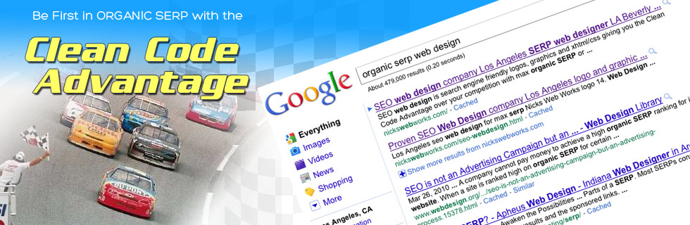 get top Organic SERP with brilliant SEO web design by Nick Sharpe of Nicks Web Works Clean Code Avantage to improve Google Organic SERP