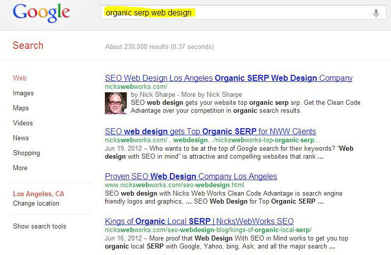 NicksWebDesignLA clients cover most the entire front page of local organic SERP