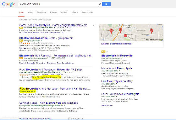 Flow electrolysis in Roseville srp screen shot showing top local organic SERP